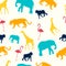 Childrens seamless pattern. Animals are giraffe, flamingo, monkey, elephant and lion. In minimalist style. Cartoon flat