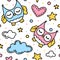 Childrens seamless pattern with owls and clouds