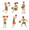 Childrens sports basketball. Flat design concept with funny kids playing ball. Vector illustration of boys and girls