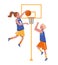 Childrens sports basketball. Flat design concept with funny kids playing ball. Vector illustration of boys and girls