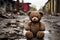 Childrens teddy bear symbolizing innocence and hope amidst war in ruined cityscape