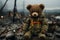 Childrens teddy bear symbolizing innocence and hope amidst war in ruined cityscape