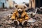 Childrens teddy bear symbolizing innocence and hope amidst war in ruined cityscape