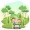 Childrens trip in a small car. Country road. Kid drives a pedal or electric toy automobile. Cartoon illustration