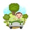 Childrens trip in a small car. Kid boy drives a pedal or electric toy automobile. Cartoon illustration. Isolated. Summer