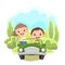 Childrens trip in a small car. Kid drives a pedal or electric toy automobile. Cartoon illustration. Isolated. Summer