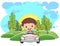 Childrens trip in a small car. Kid drives a pedal or electric toy automobile. Sun. Cartoon illustration. Isolated
