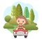Childrens trip in a small car. Kid girl drives a pedal or electric toy automobile. Cartoon illustration. Isolated