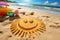 Childs artwork depicts a smiling sun on a Mexican beach