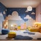 a childs bedroom with a blue cloud wall mural