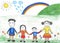Childs drawing happy family and rainbow