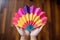 a childs hand holding a small, brightly colored paper fan