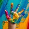 Childs hand with paint, playful angle, bright splashes , professional color grading