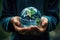 Childs hands holding earth global over blurred background. Generative AI