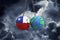 Chile flag ball smashing into planet earth. Global impact and disaster concept. 3D Render