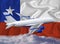 Chile flag with white airplane and clouds. The concept of tourist international passenger transportation