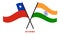 Chile and India Flags Crossed And Waving Flat Style. Official Proportion. Correct Colors