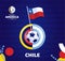 Chile wave flag on pole and soccer ball. South America Football 2021 Argentina Colombia vector illustration. Tournament pattern