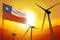 Chile wind energy, alternative energy environment concept with wind turbines and flag on sunset industrial illustration -