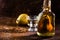 Chilean brandy with whole pear inside bottle. Aguardiente de pera.