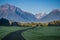 Chilean Patagonia landscape in the Pumalin Natural Park in summer with a snowy volcano