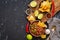 Chili con carne with nachos chips on rustic background.Mexican food. Place for text, top view.