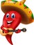 Chili pepper mariachi wearing sombrero playing a guitar