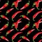 Chili peppers on black background hand drawn seamless pattern. illustration in gouache. Natural background for wallpaper,