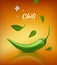 Chili peppers green fresh and leaves, flower chili realistic design, on yellow orange background