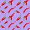 Chili peppers on lilac background hand drawn seamless pattern. Manual illustration in gouache. background for wallpaper,