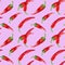 Chili peppers on pink background hand drawn seamless pattern. Manual illustration in gouache. Natural background for wallpaper,