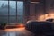 Chill and Cozy Lofi Style Bedroom with Rainy Day Vibes: Anime Manga Drawing and Atmospheric Serenity.