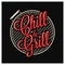 Chill and grill lettering. BBQ grill logo on black