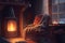 chill and relaxation by the fireplace warm homely atmosphere illustration Generative AI