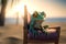 Chillaxin\\\' Cham: A Photorealistic Cartoon Chameleon Relaxing in a Beach Bar Lounger