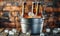 Chilled beer bottles in a metal bucket with ice cubes on a rustic wooden table, inviting celebration and social gathering in