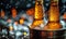 Chilled beer bottles in a metal bucket with ice cubes on a rustic wooden table, inviting celebration and social gathering in