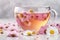 Chilled chamomile tea with white and pink flowers. Generate ai