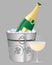 Chilled champagne in a silver ice bucket with a full glass