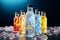 Chilled cocktail bottles gleam against a backdrop of colorful, glistening ice