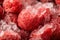 Chilled Delight: Macro Shot of Frozen Strawberries Surrounded by Ice, Generative AI