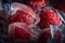 Chilled Delight: Macro Shot of Frozen Strawberries Surrounded by Ice, Generative AI