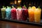 Chilled delight, row of icy fruit slushies, each in a plastic cup