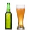 Chilled green bottle with condensate and a glass of beer