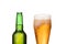 Chilled green bottle with condensate and a glass of beer lager