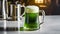 Chilled Mug Of Green Beer On A Counter With Stainless Steel Pitchers And Warm Lighting