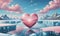 Chilled Romance: A Frozen Pink Heart Floating in an Icy Ocean Beneath a Blue Cloudy Sky