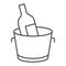 Chilled wine in bucket thin line icon. Alcohol drink bottle in ice cooler outline style pictogram on white background