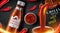 Chilli hot sauce product ads and chili peppers in fire shape with burning fire effect on black background, 3d illustration