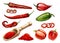 Chilli, jalapeno, habanero whole, half, slice and crushed pieces in wood scoop. Vector vintage hatching color